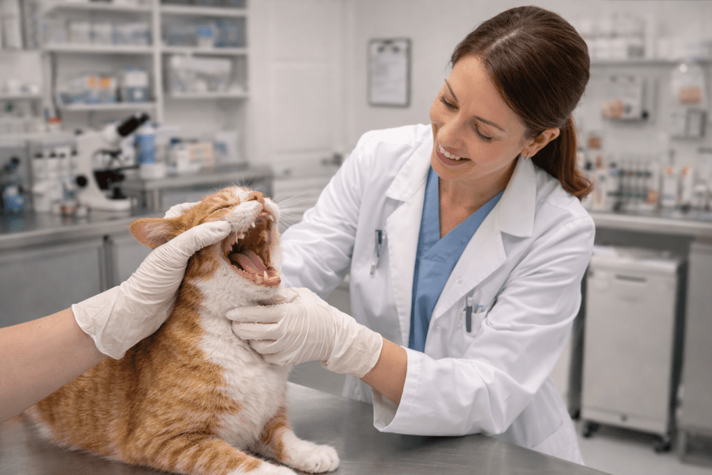 Examinando la boca del gato